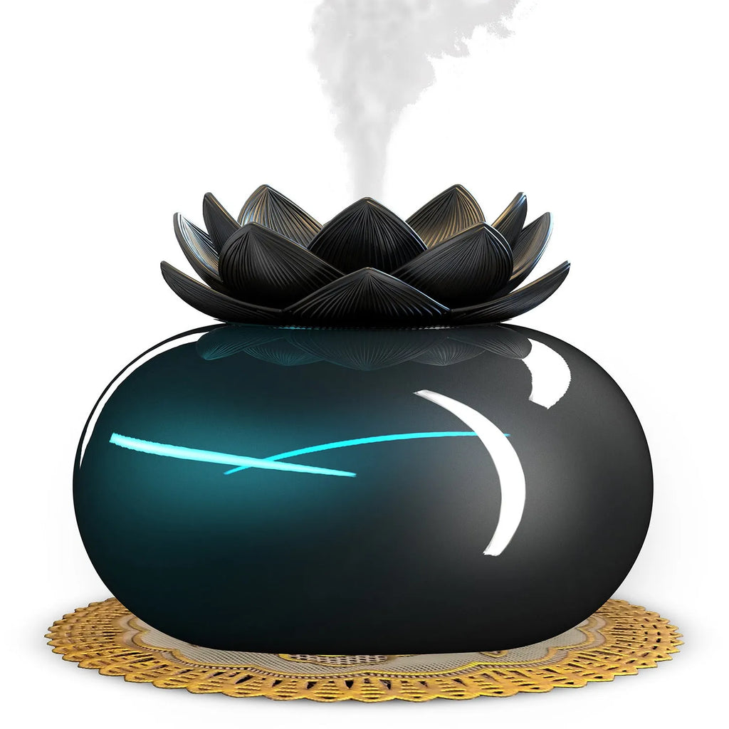 Pure black lotus-shaped aromatherapy humidifier with ceramic top and USB cable