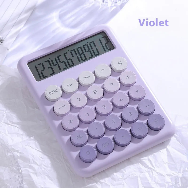 Gradient colour desk calculator in violet, pink, blue, or mint green on a desk