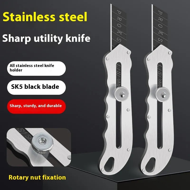 Stainless steel folding art knife with black blade and included long and trapezoidal blades