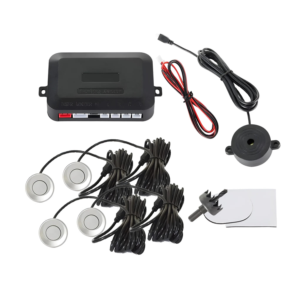 Four-sensor car reversing radar parking system with buzzer alert indicator and installation tools