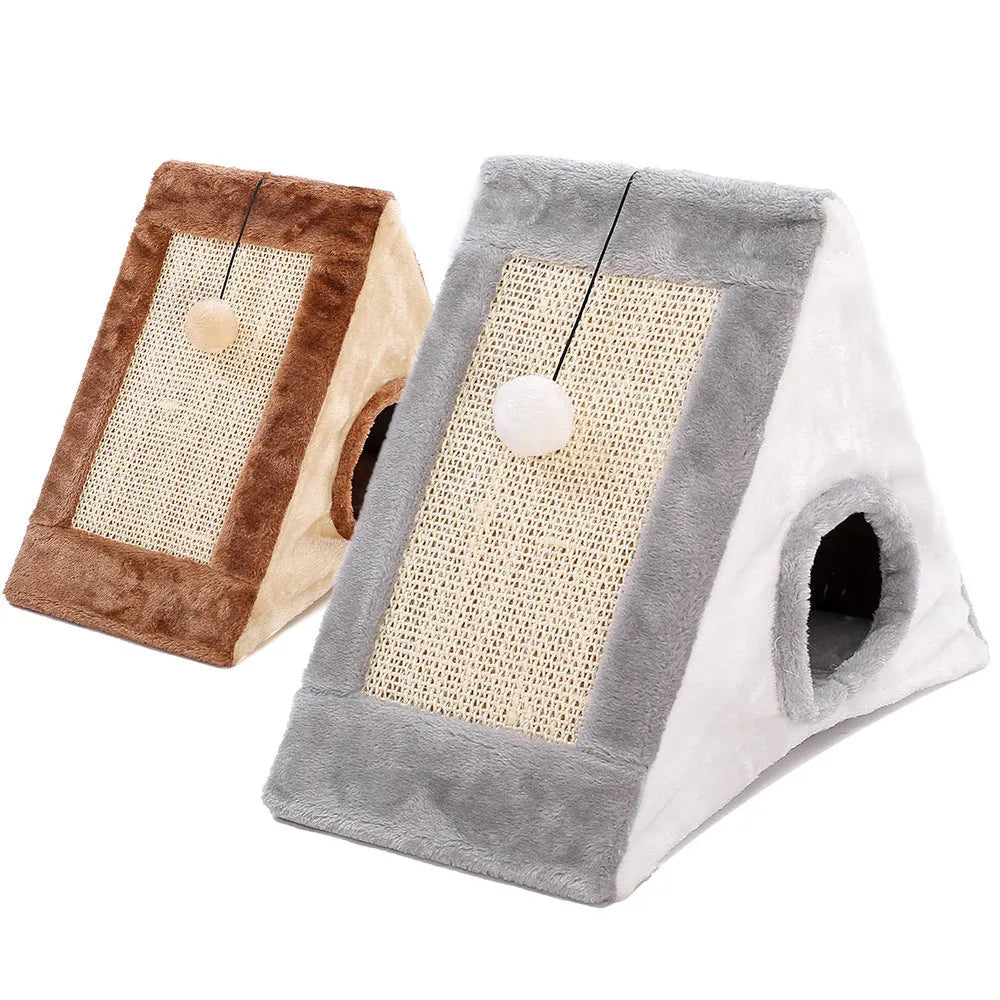 Grey and white triangular cat bed with sisal scratching side and soft fur sleeping mat.
