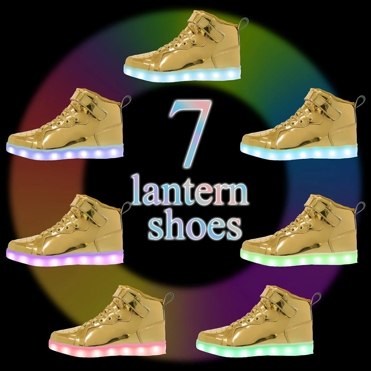 Black LED light-up high-top shoes with Velcro strap and glowing sole.