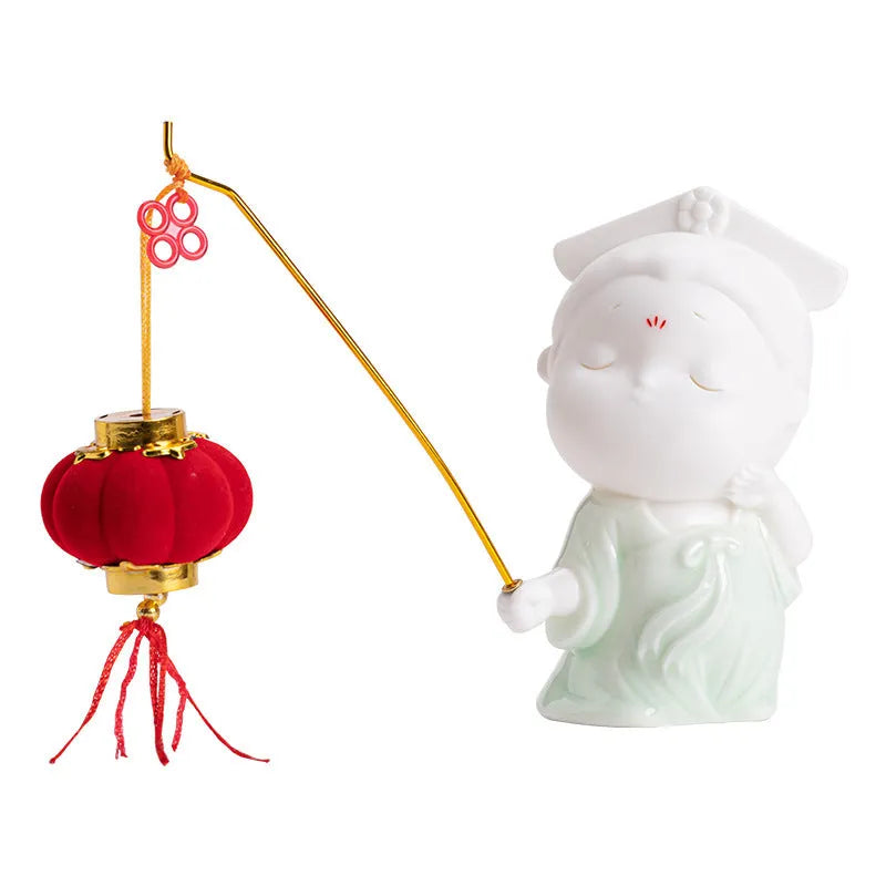 Ceramic court attendant incense burner decoration in cute style with four colour variants
