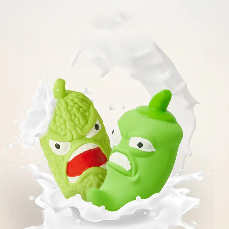 Bitter gourd and chilli shaped dog toys with textured surfaces for chewing and teeth cleaning