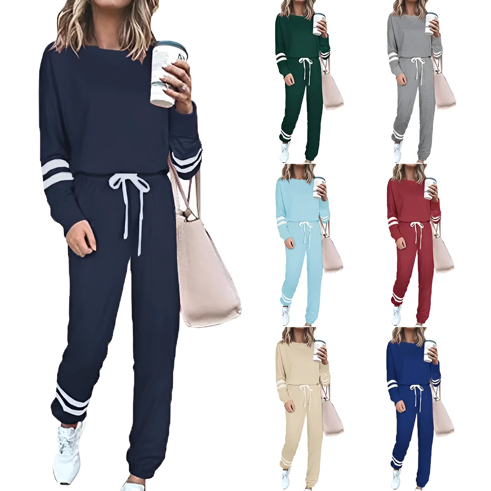 Women's plus size casual suit set in loose-fitting design with long sleeves, available in seven solid colours