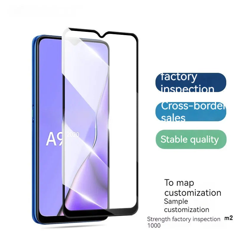 OPPO A9 2020 tempered glass screen protector showing full screen coverage with anti-fingerprint finish