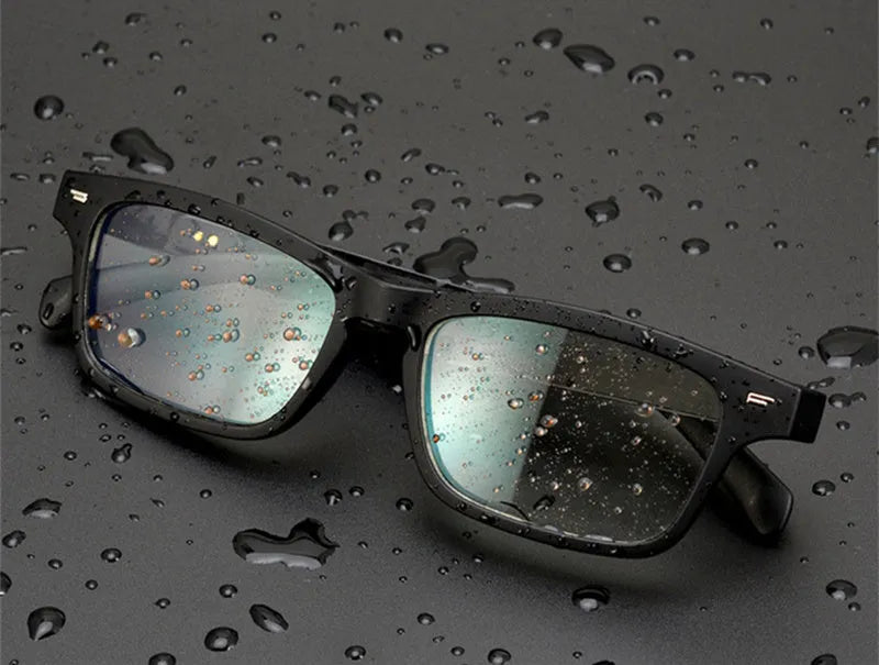 Smart glasses with semi-open Bluetooth audio design showing temple speakers and UV-protective lenses