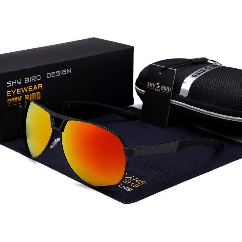 Men's orange red aviator sunglasses with polarised HD lenses and metal frame.