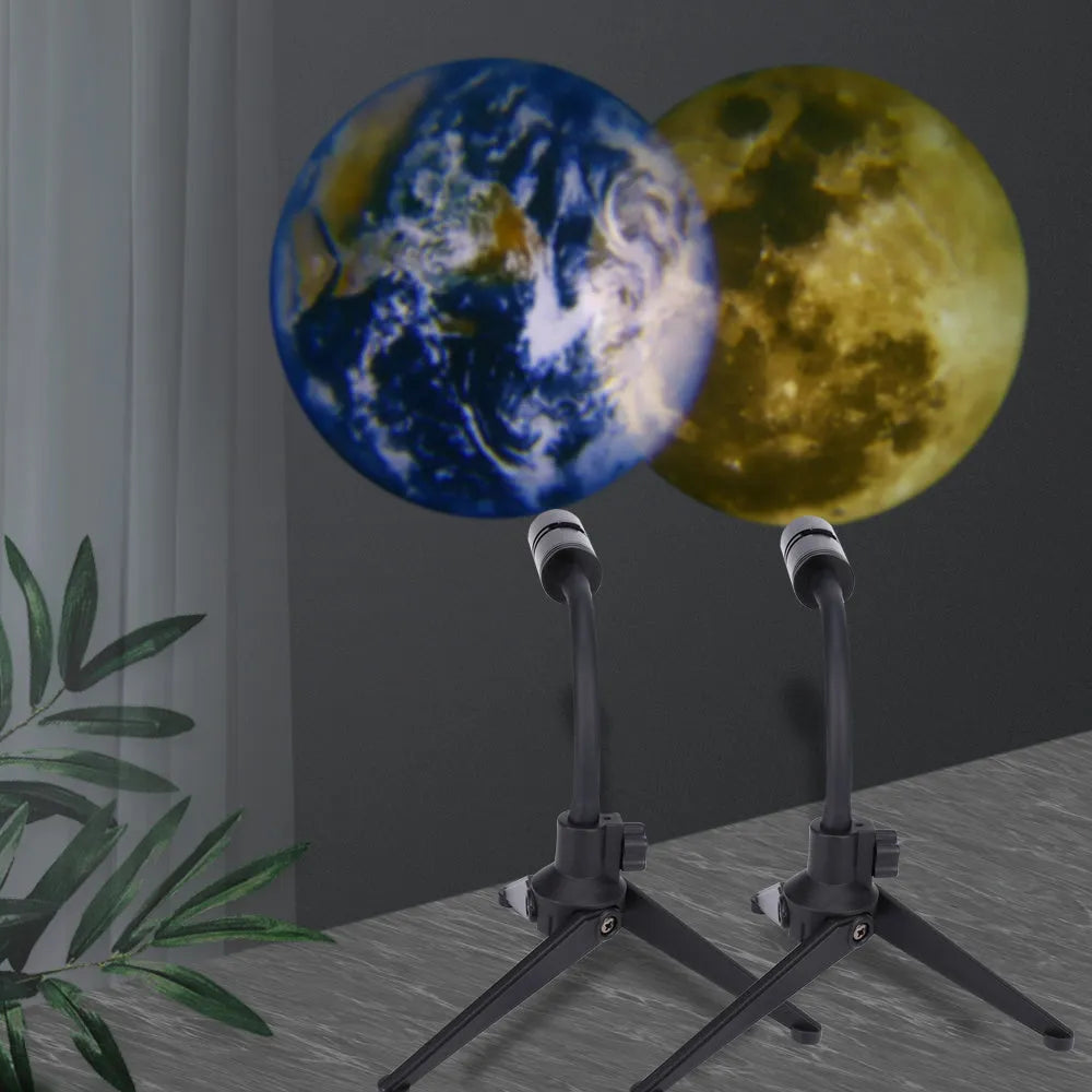 Earth and Moon star projection lamp with adjustable bracket on bedside table