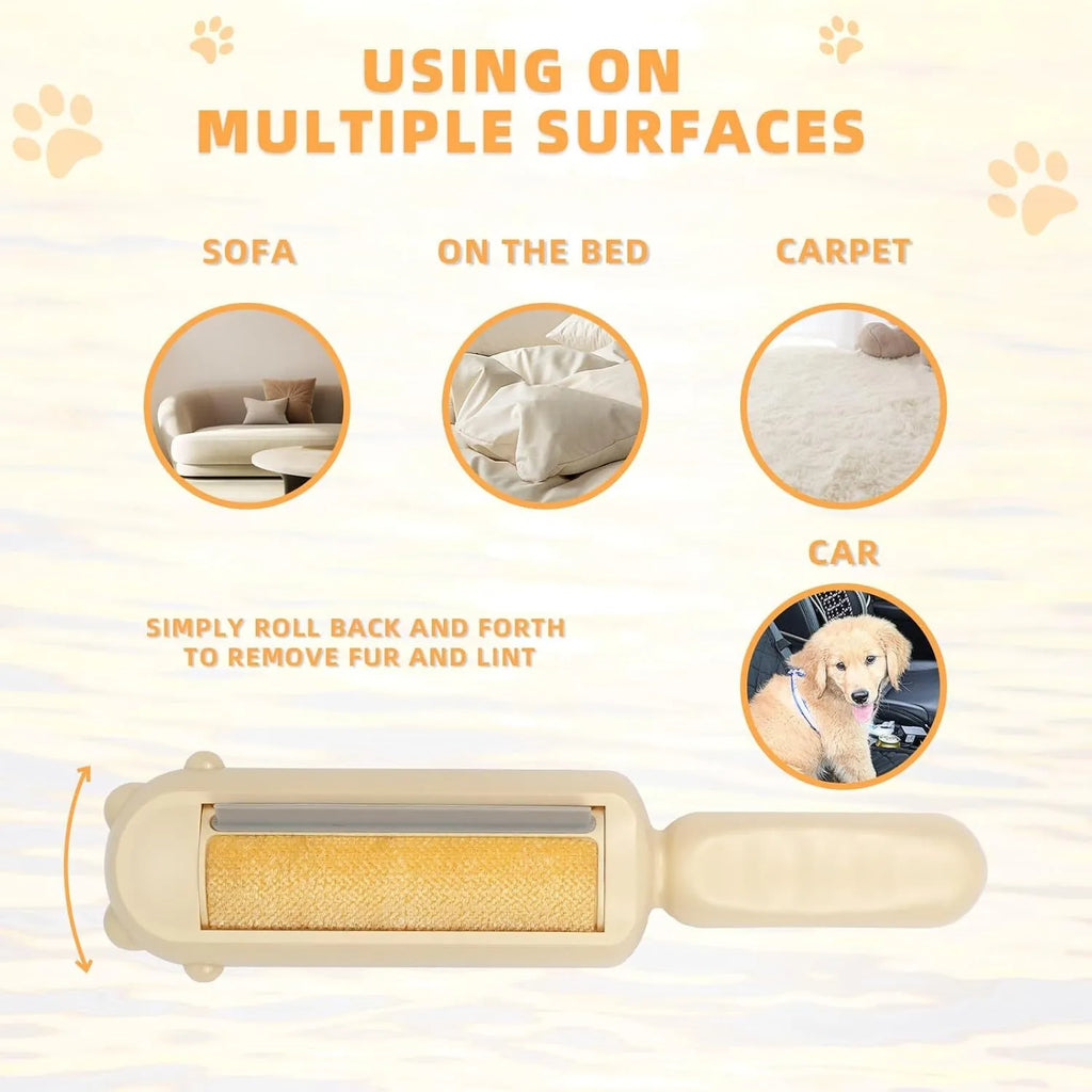 Blue pet hair remover with self-cleaning base on a fabric sofa