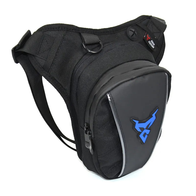 Motorcycle leg bag made of 1200D Oxford cloth in blue, shown mounted on a rider's thigh.