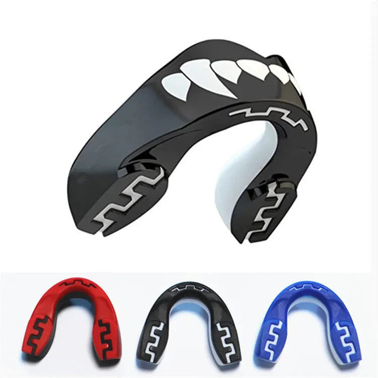 Adult boxing sports mouthguard with tooth socket free design in black, red, or blue with white teeth print.