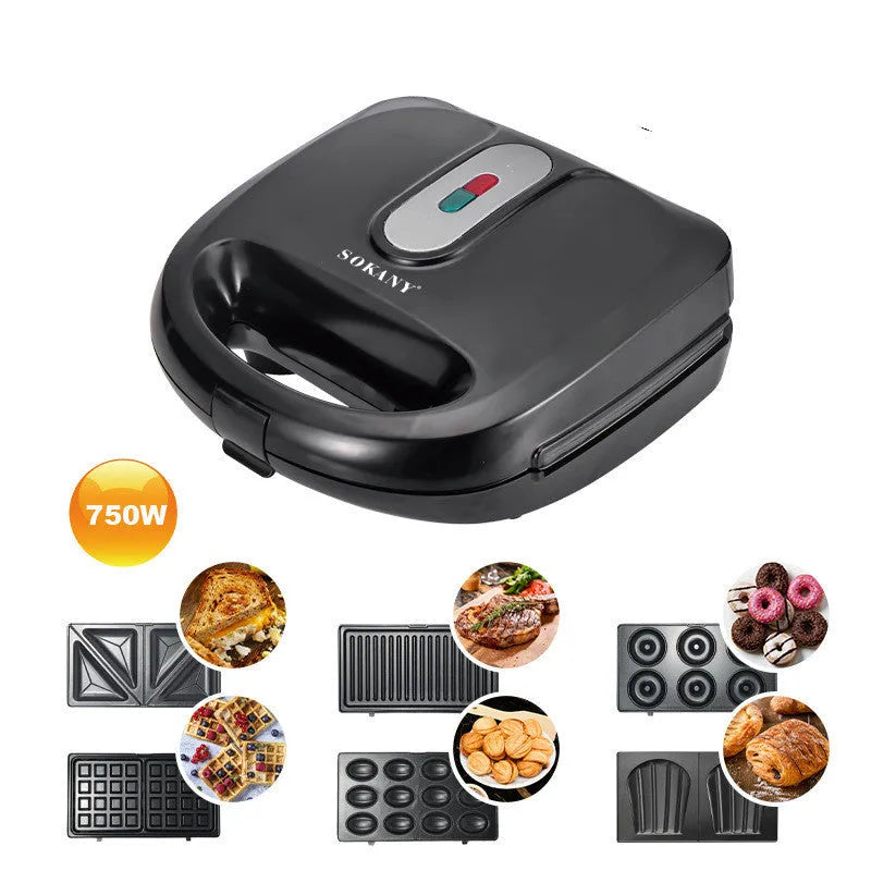 Black electric sandwich pan with stainless steel lid on a kitchen countertop.