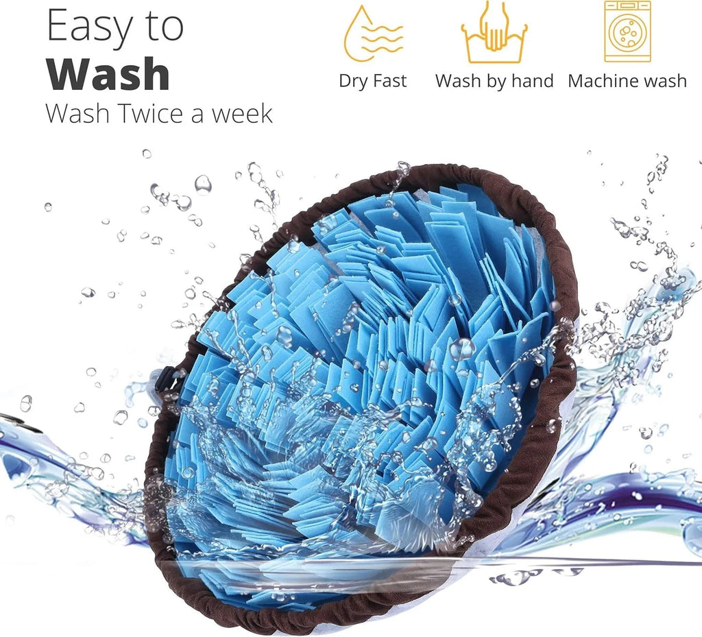 Blue adjustable fabric snuffle mat for dogs, showing food hidden in folds for foraging.
