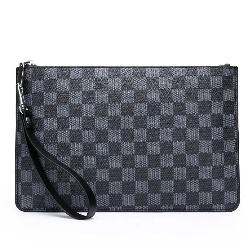 Men's soft PU leather plaid clutch wallet showing card slots and zipper pocket