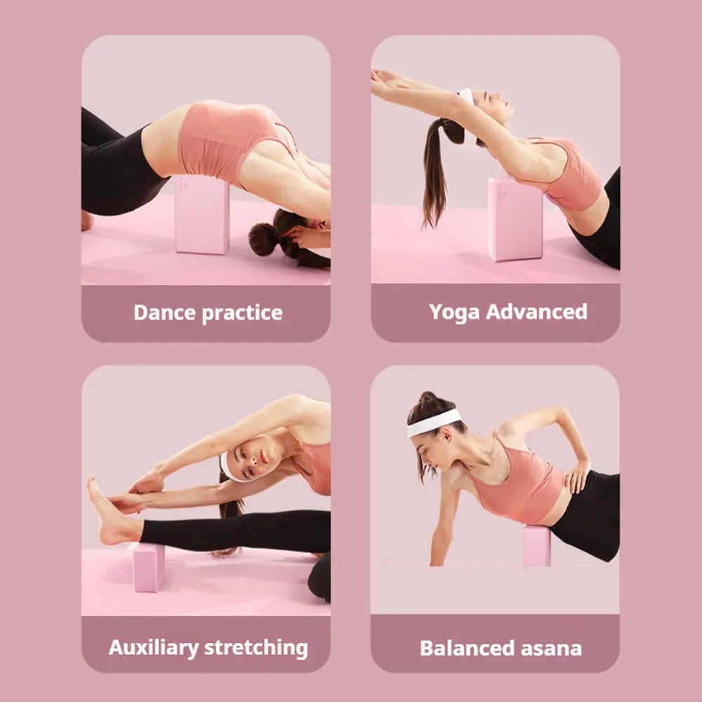 EVA foam yoga blocks in four colours showing hexagonal facets and ridge grip details