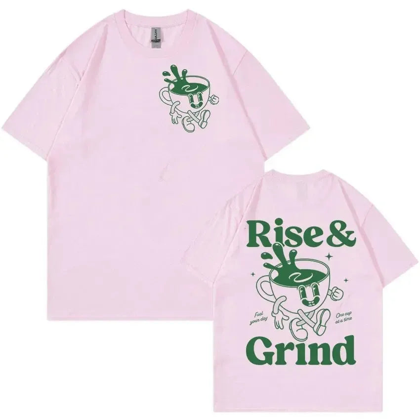 Men's loose linen t-shirt with green coffee cartoon design showing 'Rise and Grind' text