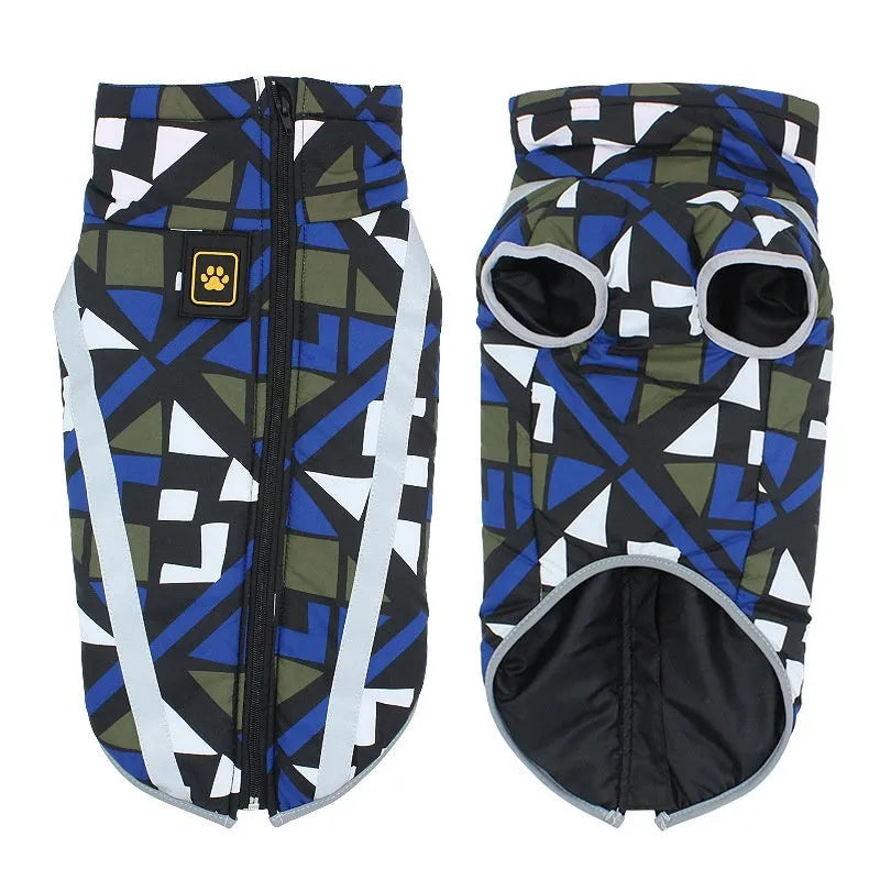 A large dog wearing a thick blue geometric print reflective jacket for cold weather.