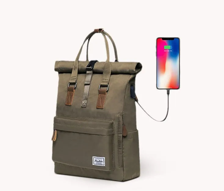 Casual polyester backpack in black dark grey or green with computer pocket and cover opening