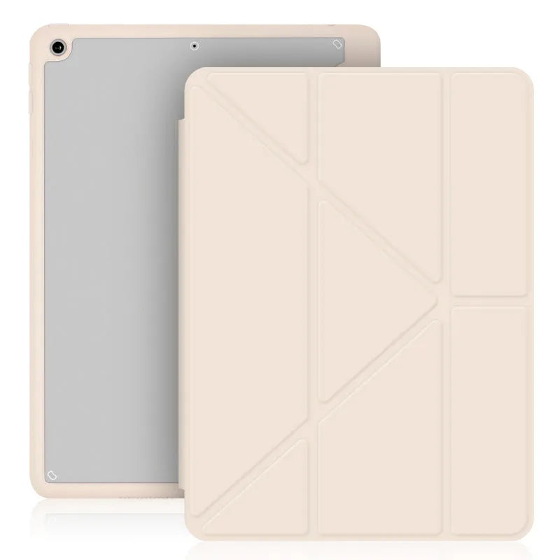 Acrylic folding iPad case showing Y-deformation design, pen slot, and imitation leather construction