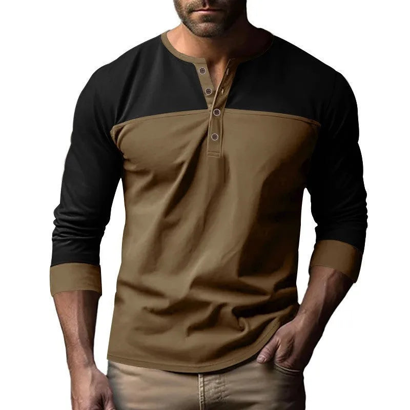 Long-sleeve Henry collar casual shirt in solid beaded twill fabric