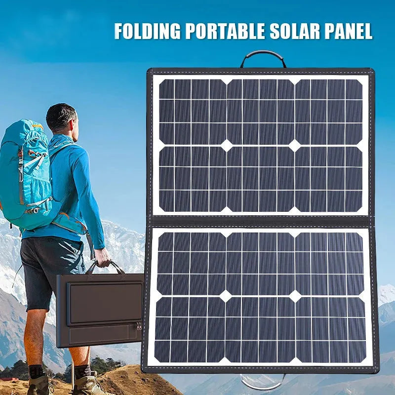 Black folding bag portable solar panel charger showing 40W power and folded size.