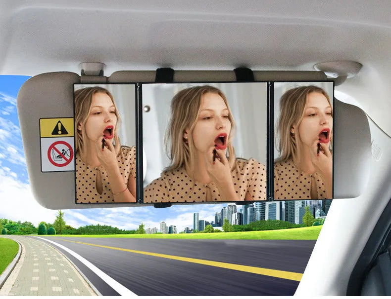 Silver folding car makeup mirror shown closed at 15.5 cm wide, suitable for mounting on a car visor.