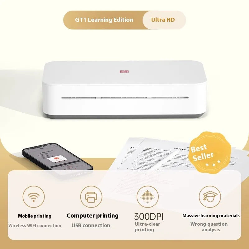 Small white plastic intelligent remote learning printer with thermal ribbon cartridge on a desk.