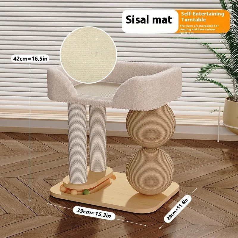Pine wood cat scratching post with sisal wrapped column and hanging ball toys