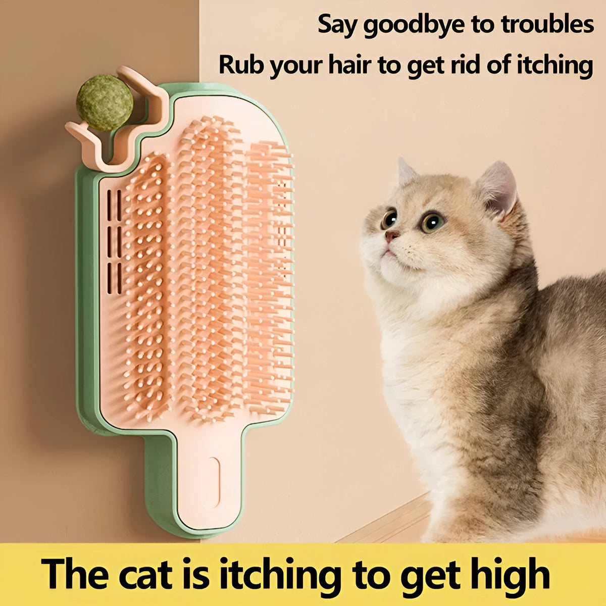 Ice cream cone shaped cat grooming toy with mint ball and feather attachment.