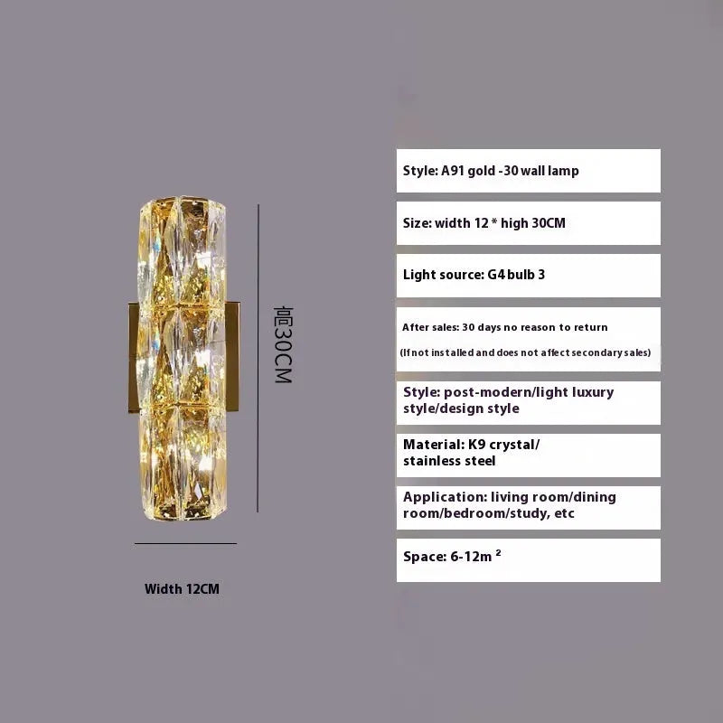 Crystal shade wall lamp with stainless steel body in chrome or gold finish, shown in multiple sizes.