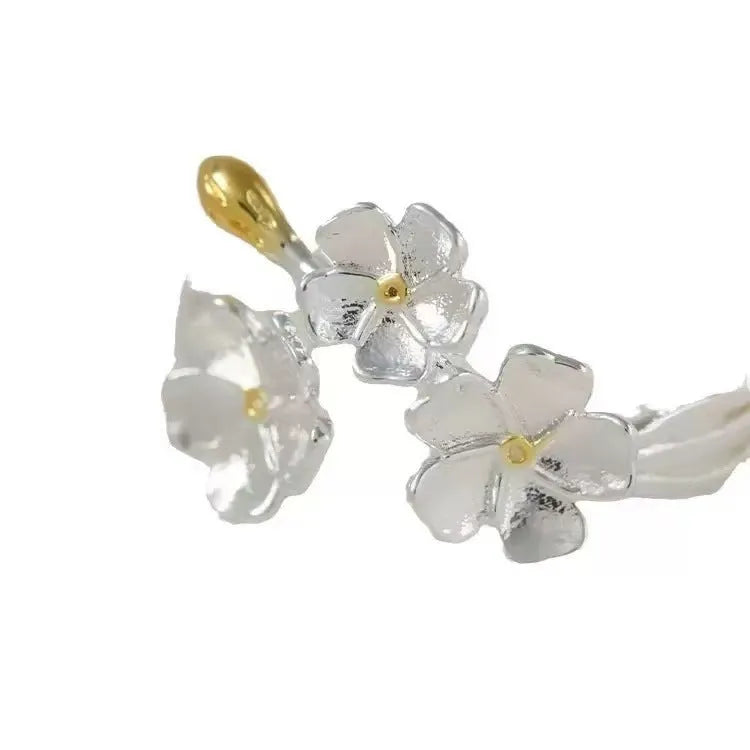 Adjustable open mouth ring with three-dimensional jasmine flower design and electroplated finish