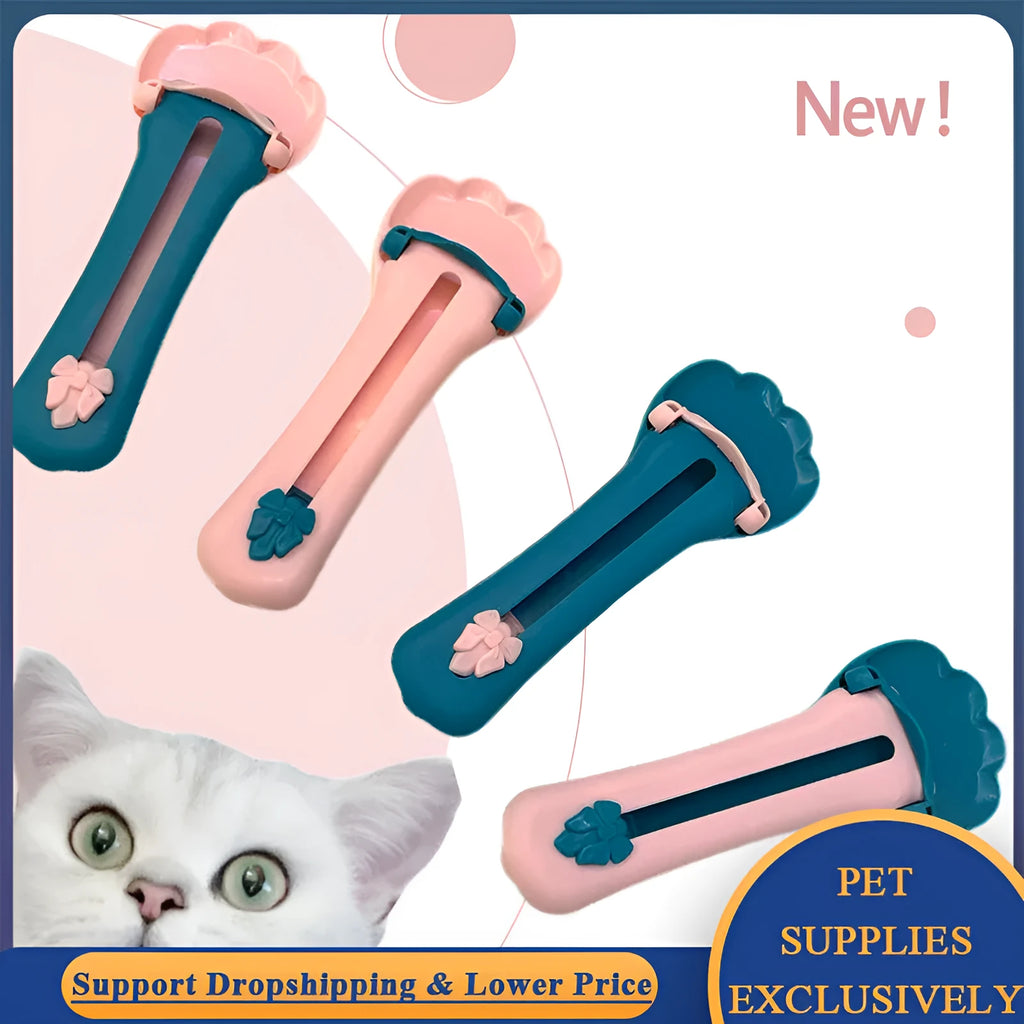 Multipurpose pet food dispenser tool in green and pink colours for squeezing liquid food and extruding treat bars