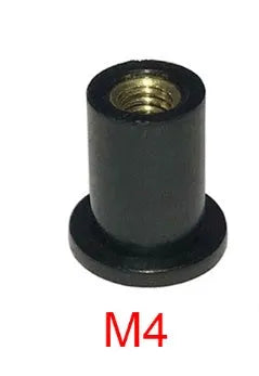 Black rubber well nut fasteners with brass inserts for motorcycle windshields, M4 M5 M6 sizes.
