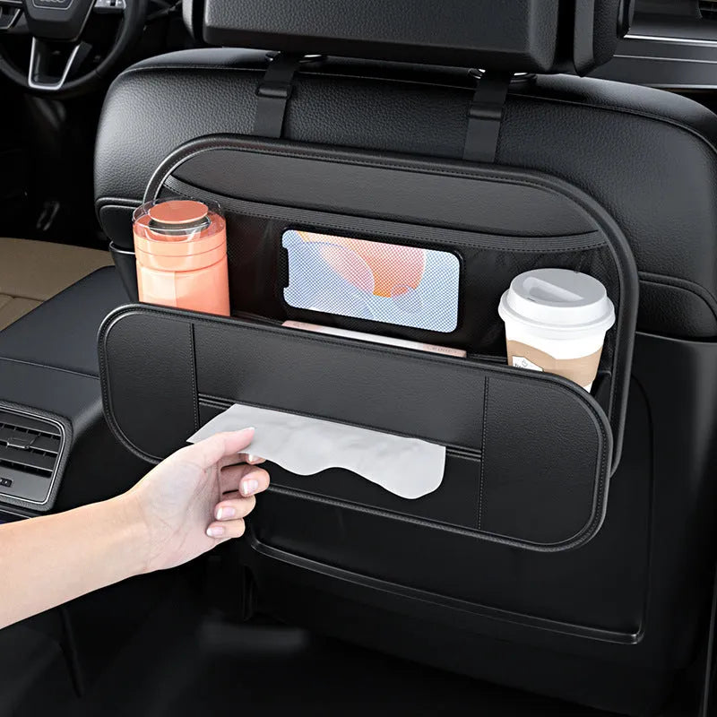 Black leather car seat rear storage bag with dimensions 36x8x24cm showing customisable compartments