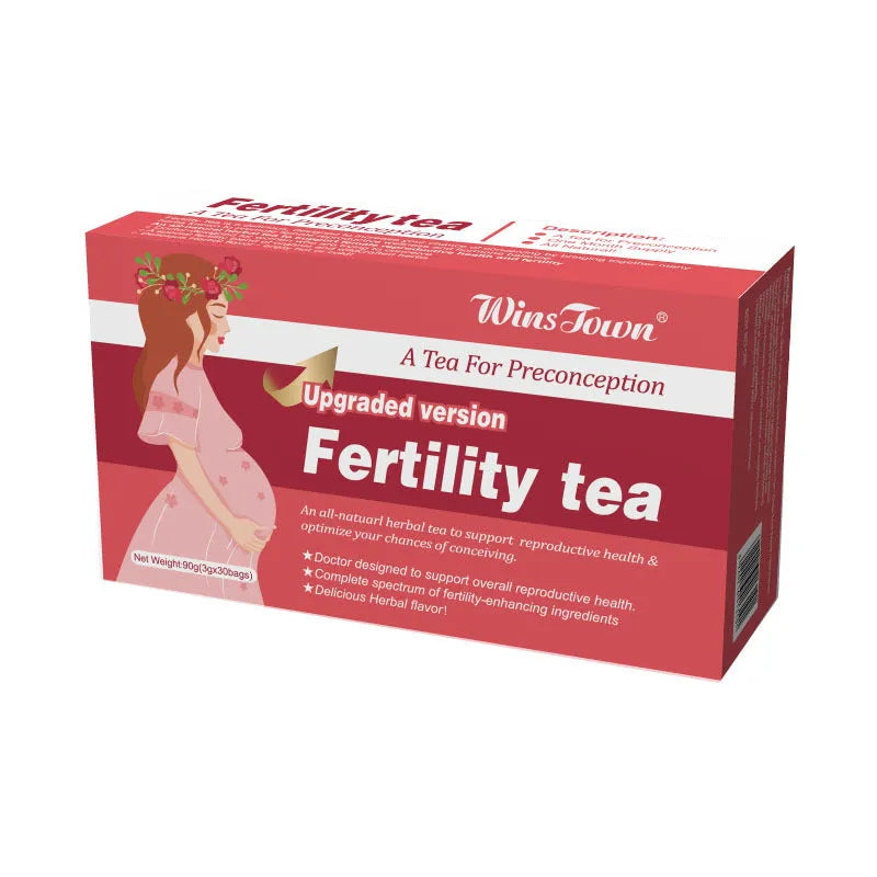 Box of fertility tea containing 30 individual herbal tea bags for daily reproductive health supplementation
