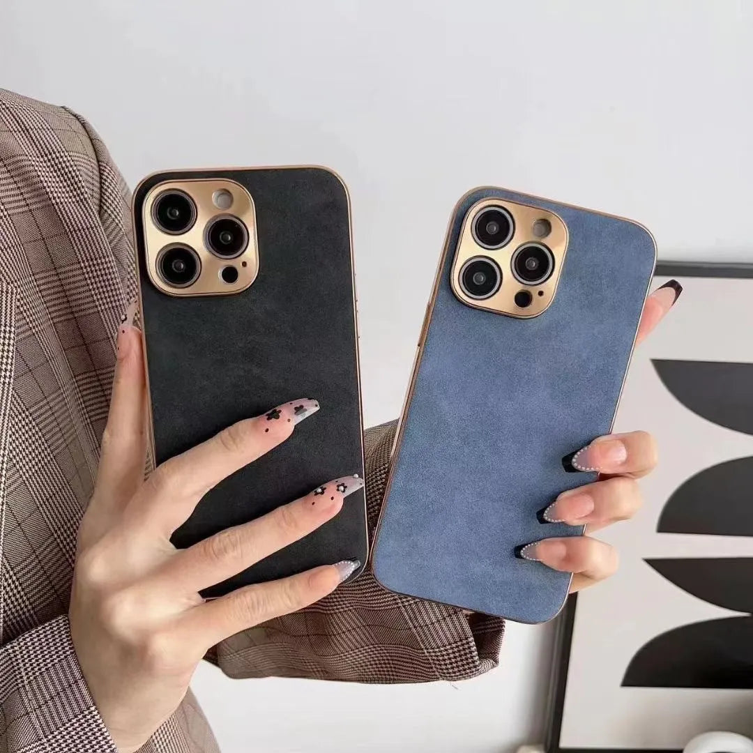 Leather texture iPhone case in grey, black, blue, and grey-green colours, shown on a compatible iPhone model.