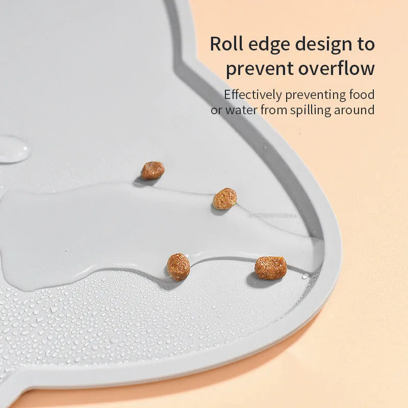 Silicone pet feeding mat with cat head shape design in blue colour for dog and cat bowls