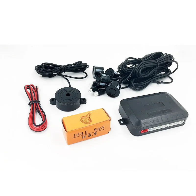 Four-sensor car reversing radar parking system with buzzer alert indicator and installation tools