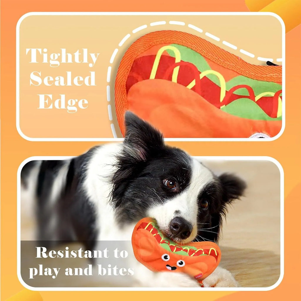 Hamburger-shaped dog toy with vivid colours featuring crinkle and squeaker sounds for interactive play