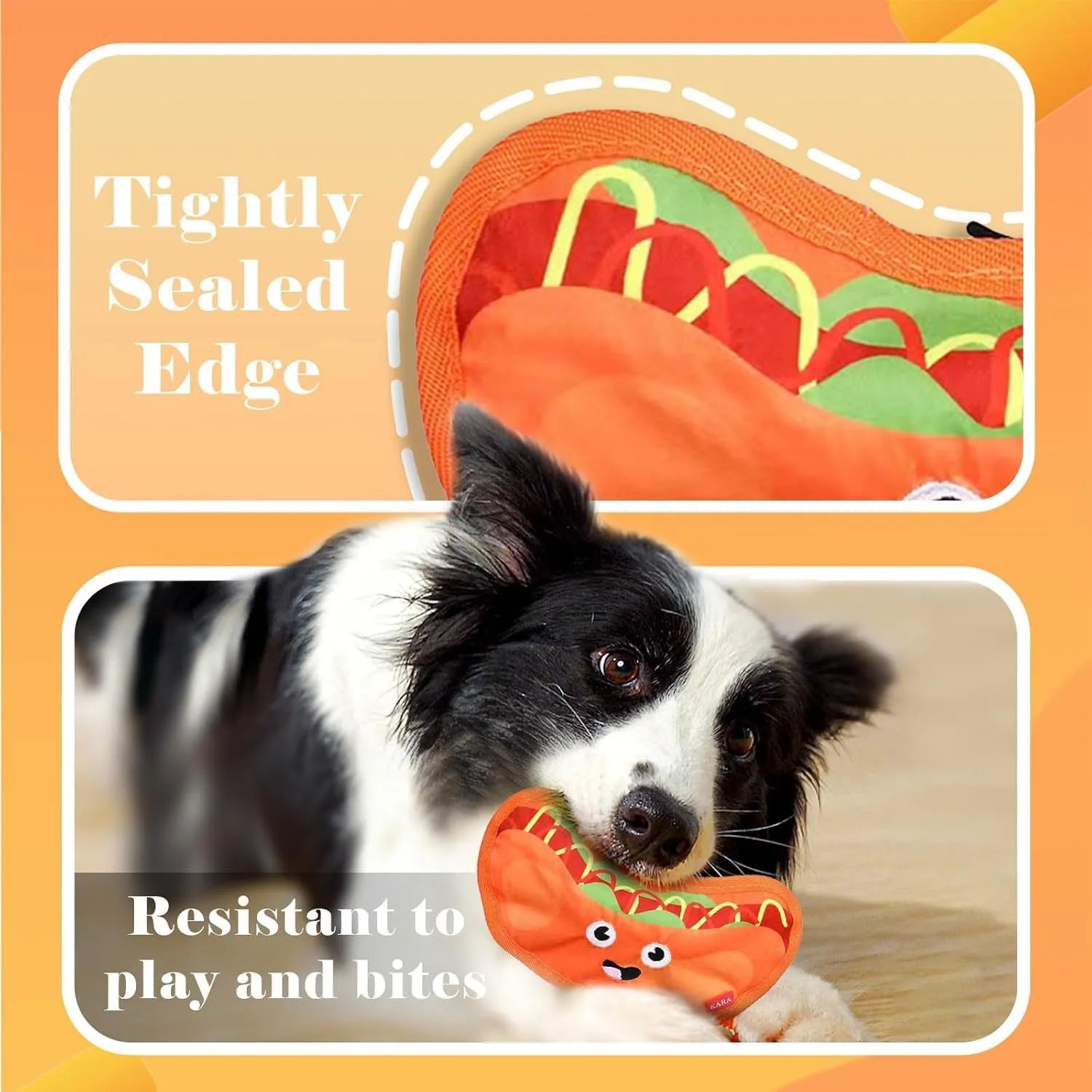 Hamburger-shaped dog toy with vivid colours featuring crinkle and squeaker sounds for interactive play
