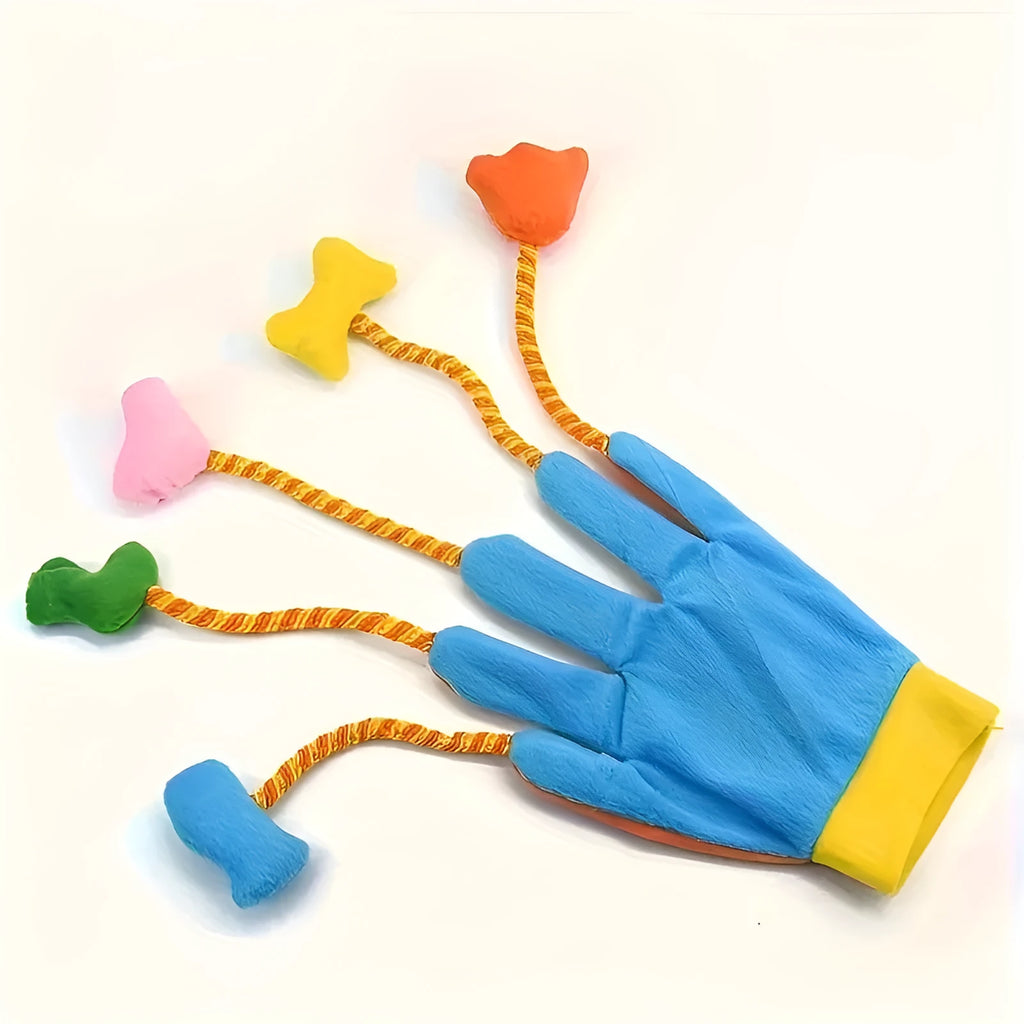 Yellow and blue plush cat toy trailer with magic glove design and bell, shown next to a 40cm ruler for scale.