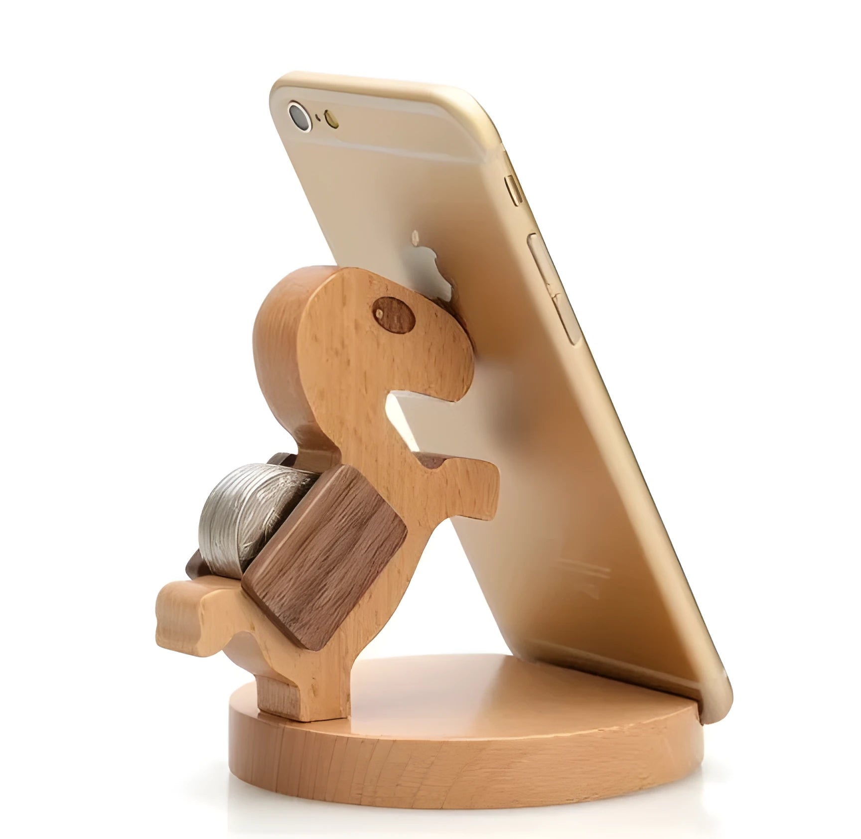 Solid beech wood mobile phone stand with a decorative resin animal ornament and a coin slot.
