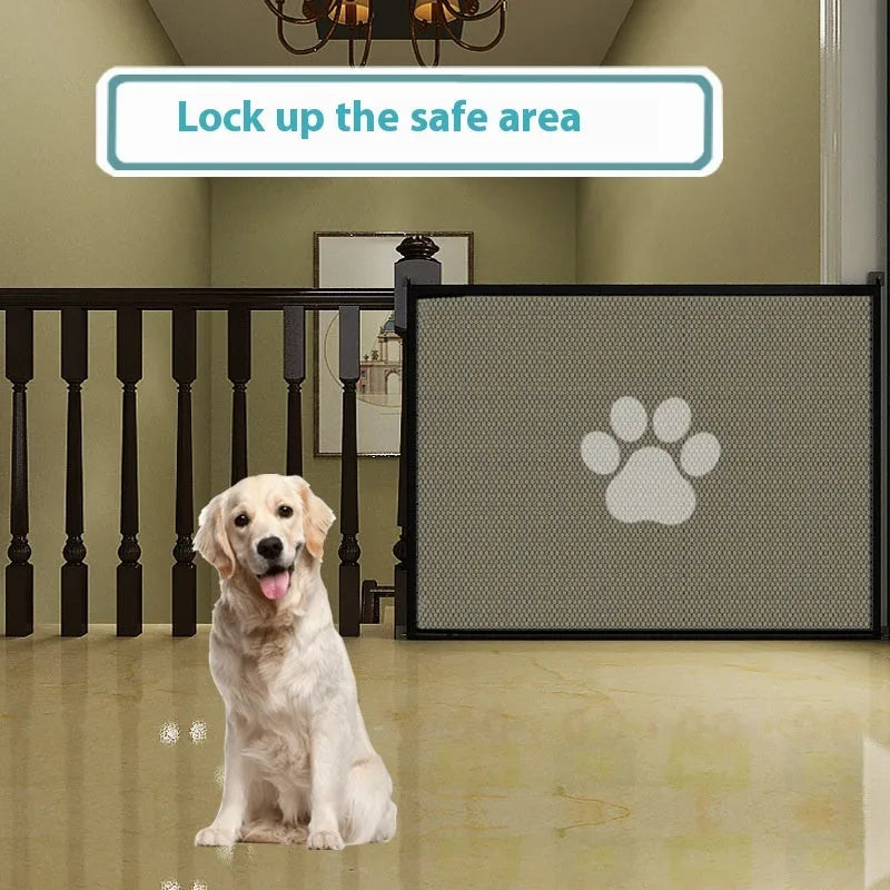 Folding cloth dog barrier net with pet doorsill showing black dog footprint design, shown in a doorway.