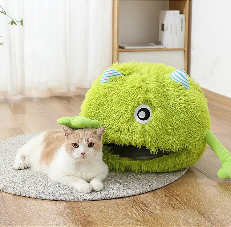 Round plush cat bed with non-slip base shown in three measured sizes for indoor pets