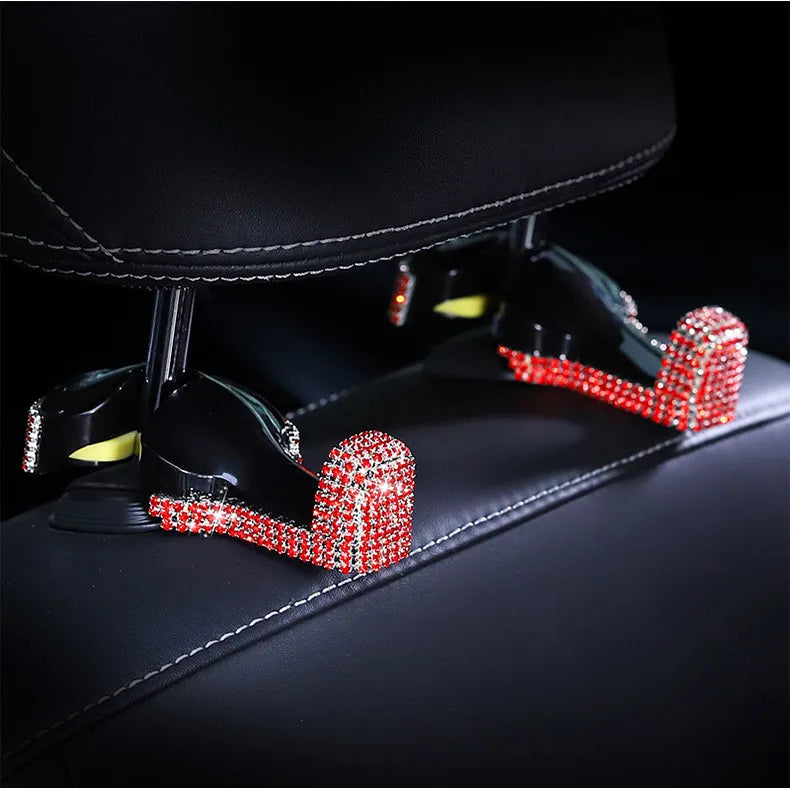 Red rhinestone car interior accessories set with leather tissue box 25x15cm and license plate 13.5x4.5cm
