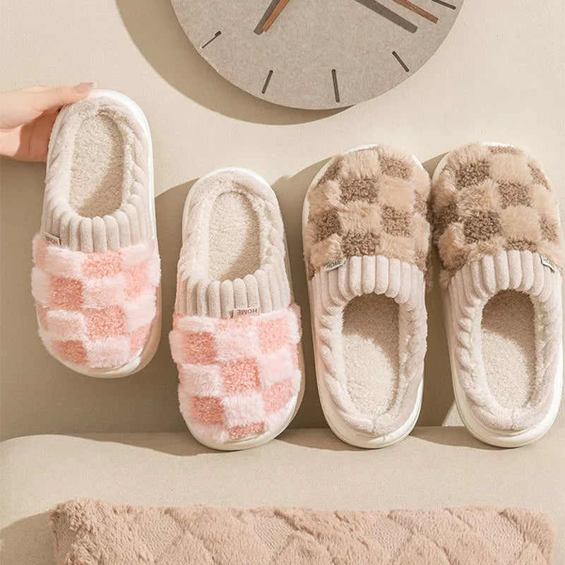 Women's plush indoor slippers in coffee colour with coral velvet upper and anti-slip PVC sole.