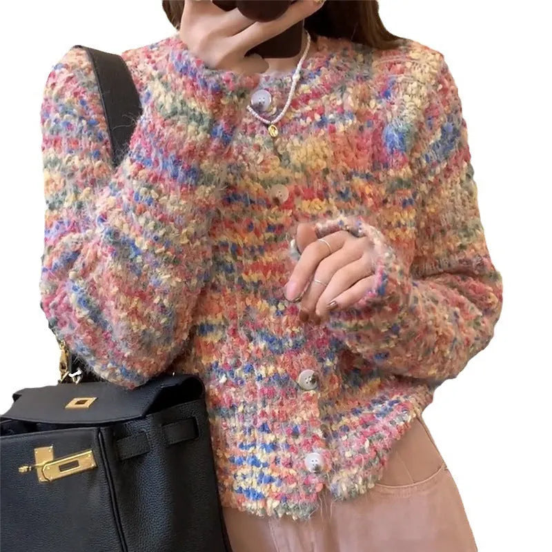 Retro style knitted rainbow cardigan in pink or green with free size slim fit
