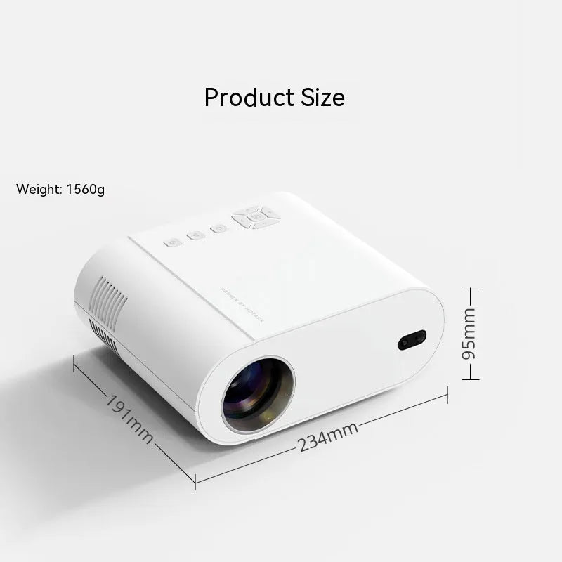 White T07 full HD 1080p smart projector with remote control on a table.