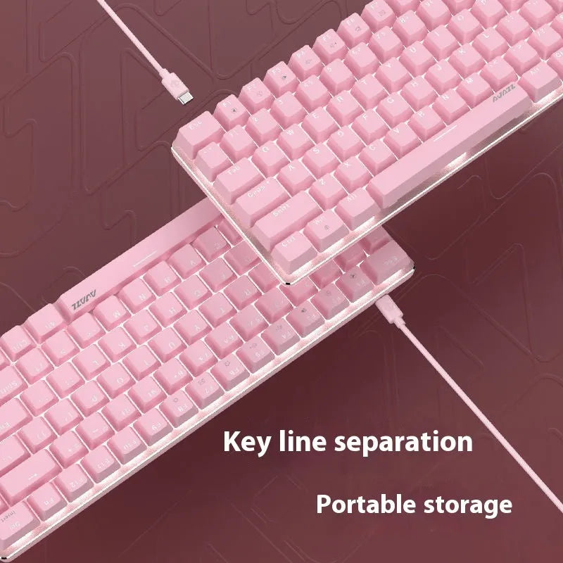 Pink and white 82-key mechanical keyboard with metal frame and white backlighting